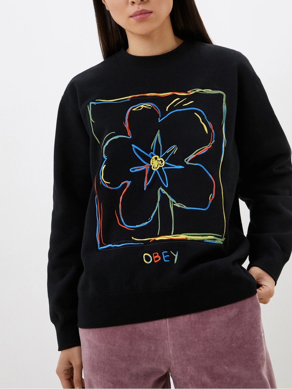 OBEY Neon Flower Graphic Pullover Sweater